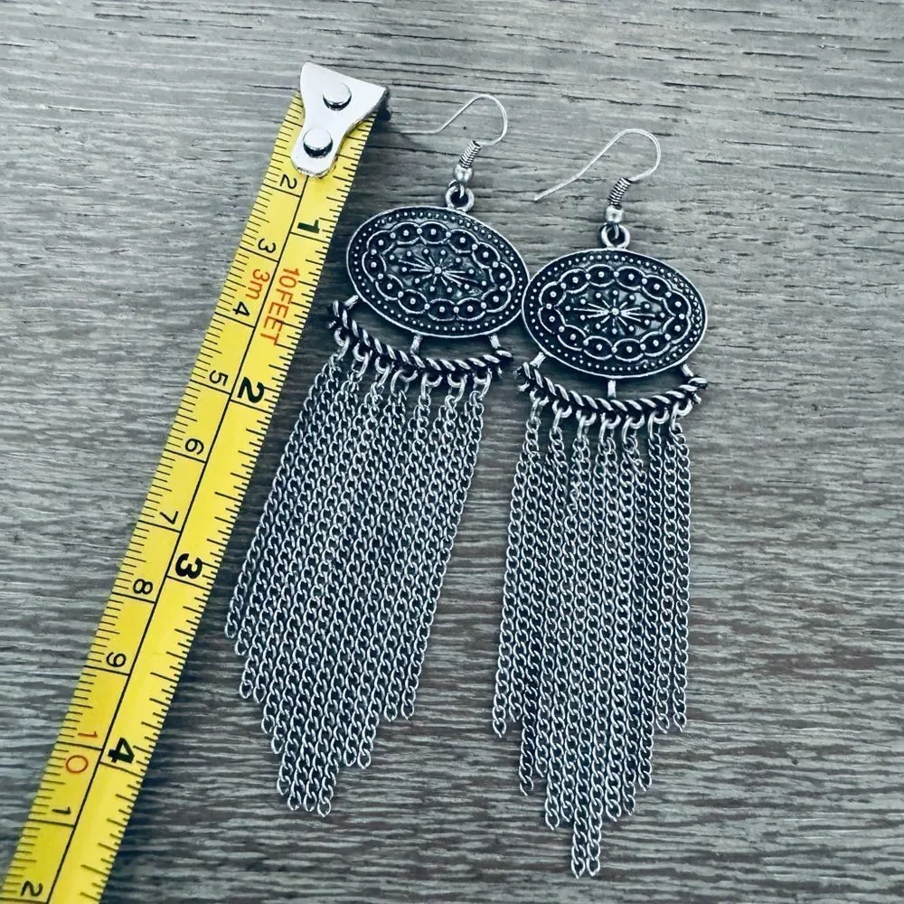 Icing Silver Medallion Cascading Chain Chandelier Earrings